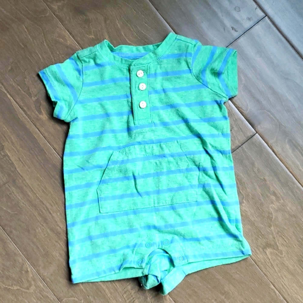 Primary romper green and blue striped 0-3 months
